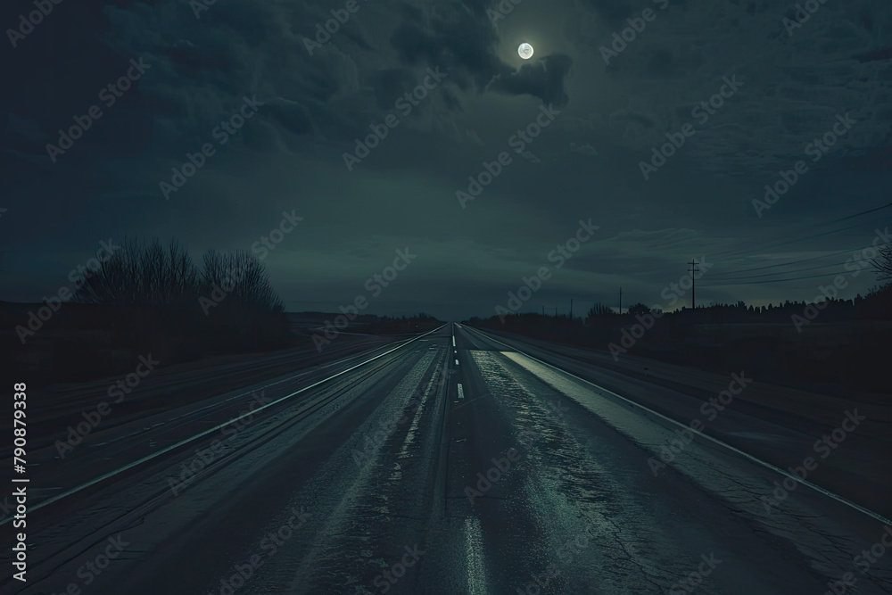 Fototapeta premium a dark and lonely stretch of highway at night in the countryside