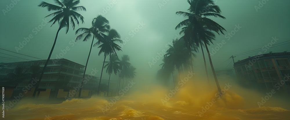 Background photos of city lights and buildings Along the lake beach, waves crash on the shore at night amidst the mist.gennerate with AI