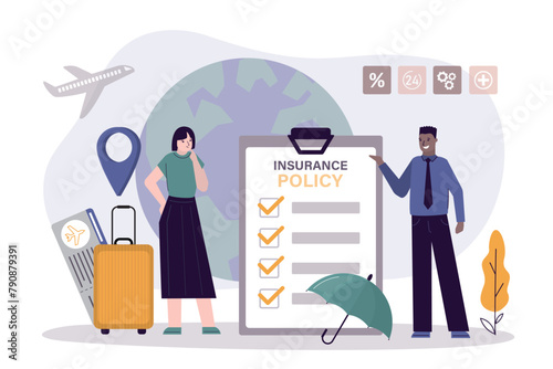 Traveler insurance concept. Agent or salesman give full cover travel insurance. Safety travel, woman tourist with passport, tickets and suitcase.