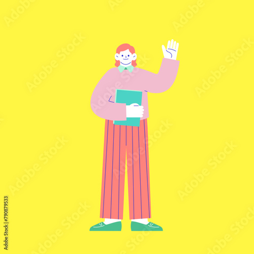 ファイルを抱えた女性が手をあげて挨拶しているイラスト　白い背景に分離されたフラットなRGBのベクター素材