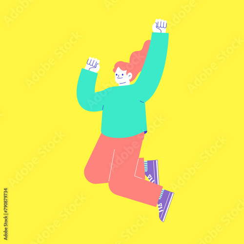 嬉しくてジャンプする女性のイラスト　白い背景に分離されたフラットなRGBのベクター素材