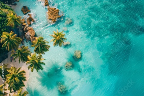 Aerial view of a beach with palm trees and clear blue water