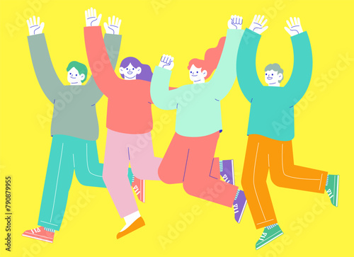 嬉しくてジャンプする男女4人のイラスト　白い背景に分離されたフラットなRGBのベクター素材