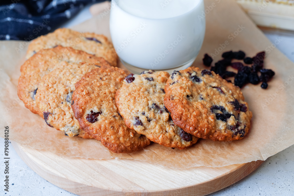 Oats Cookies With Chocolate Drops And Glass Of Milk. Flat Lay. Oats Cookies With Chocolate Drops And Glass Of Milk. Flat Lay.