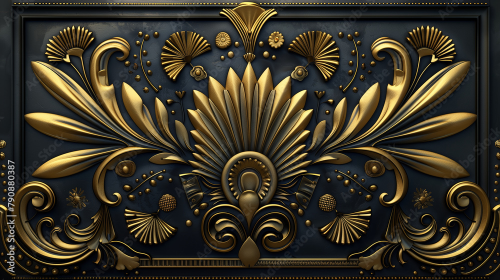 a gold floral bas relief background design in the elegant Art Deco style, featuring geometric patterns, sleek lines, and motifs inspired by the Jazz Age.