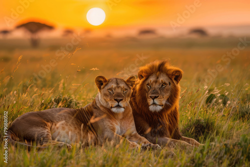 lion and lioness family in the savannah at sunset