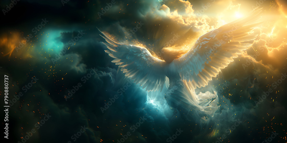 Angel mythology, a beautiful protecting angel spreading wings. Dramatic ...