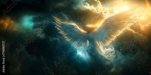 Angel mythology, a beautiful protecting angel spreading wings. Dramatic mythology vibe background, clouds and sunrays, representing good and evil. 