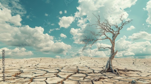 Dry cracked land with dead tree and sky in background a concept of global warming, environment, save, protect, earth, global warming, reduce, planet, growth, nature, ecosystem
