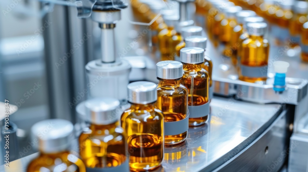 Medical vials on production line at pharmaceutical factory, Pharmaceutical machine working pharmaceutical glass bottles production line, health care, pandemic Medical vials on production line at pharmaceutical factory, Pharmaceutical machine working pharmaceutical glass bottles production line, health care, pandemic