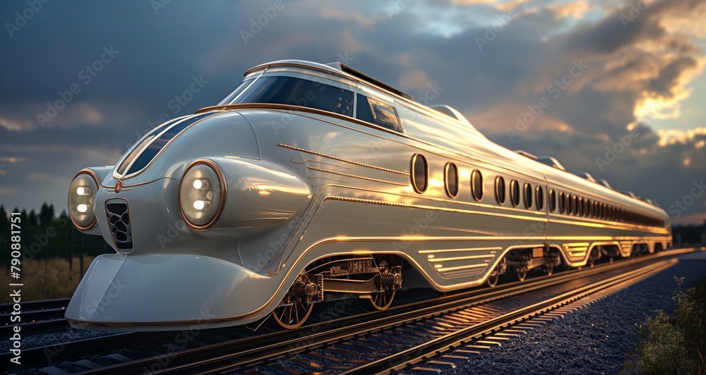 Art Deco train design with elegant curves and decorative motifs in a 3D render.
