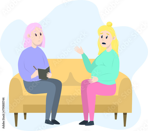 Psychotherapy session - pregnant woman talking to psychologist sitting on sofa. Mental health concept, vector illustration in flat style