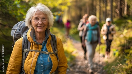 Senior woman hiking with a group in a national park