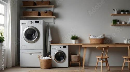 Modern washing machine and shelving unit in laundry room interior.generative.ai