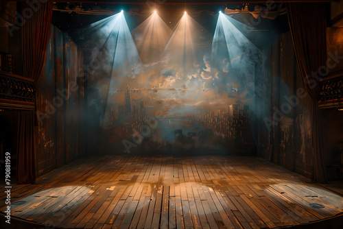 A weathered, yet beautiful theater stage. From above shines four spotlights, illuminating the stage with powerful beams of light