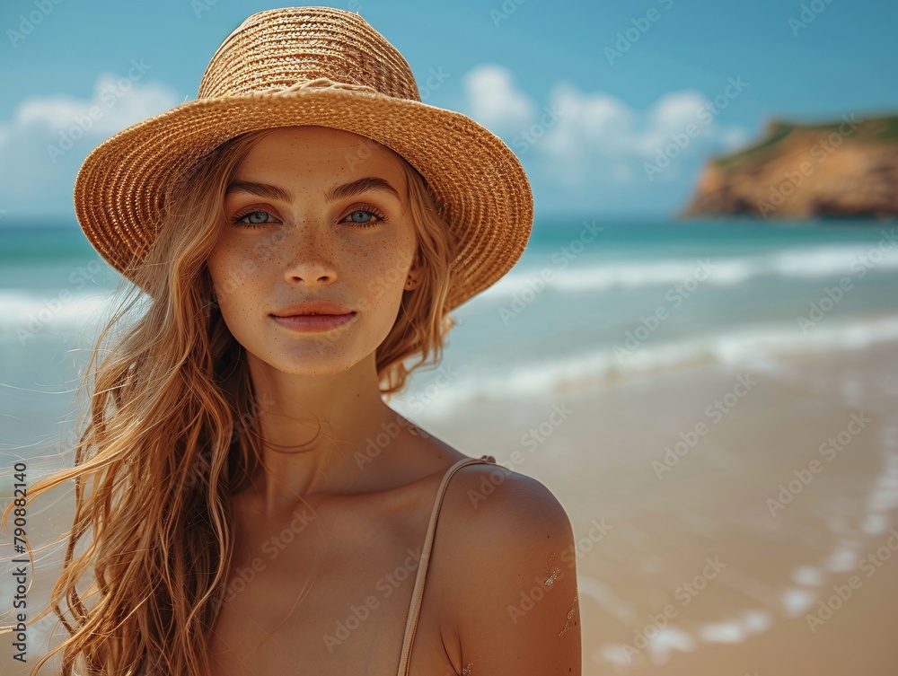 young beautiful sexy woman in bikini swimsuit, tropical island, summer vacation, resort fashion style, sand, slim, tanned, beach, view from back, booty, showing peace sign, positive mood, happy, hips