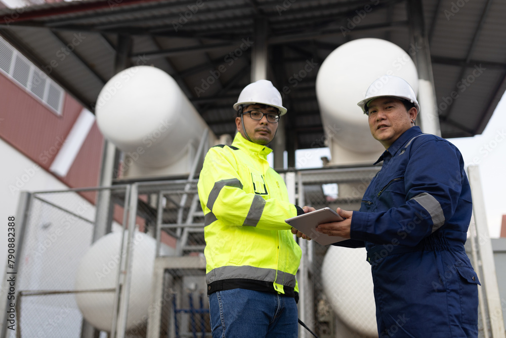 Portrait of two happy workers of metal stock in orange helmets and gray uniform standing together, posing and looking at camera. Portrait of two happy workers of metal stock in orange helmets and gray uniform standing together, posing and looking at camera.