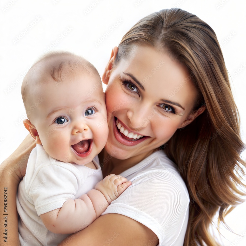 Joyful mother smiling with her happy baby on a white background Joyful mother smiling with her happy baby on a white background