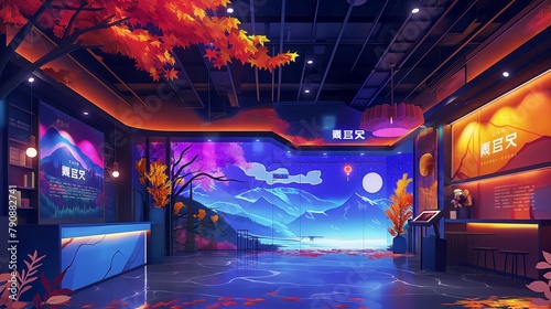Wallpaper Mural Modern Cafe Interior with Autumn and Night Sky Theme Torontodigital.ca