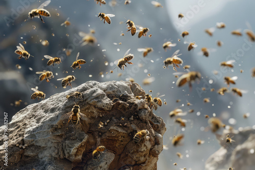  Swarm of bees landing on a rock shot tiny details