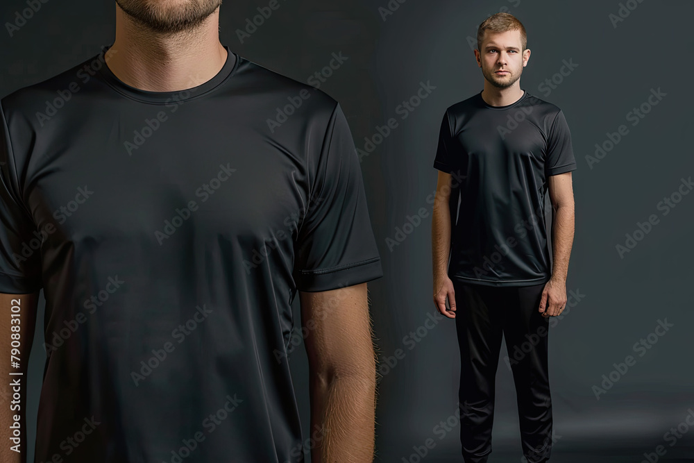 The man wore a plain black sports t-shirt. mockup t-shirt front view and back view The man wore a plain black sports t-shirt. mockup t-shirt front view and back view