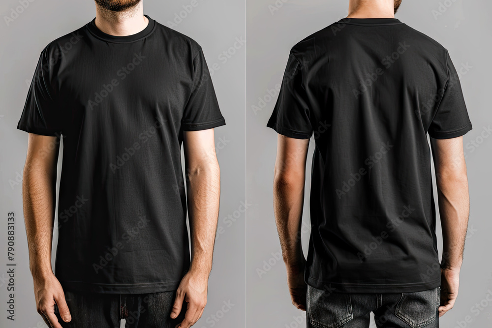 The man wore a plain black sports t-shirt. mockup t-shirt front view and back view The man wore a plain black sports t-shirt. mockup t-shirt front view and back view