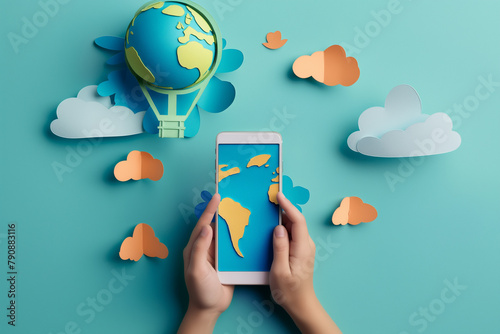 Paper cut style of social chat Smartphone speech bubbles, world, clouds, maps, nested shape layers vector graphics