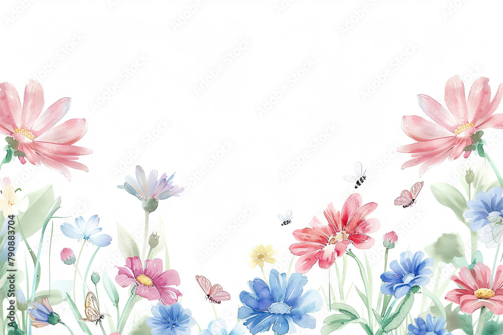 watercolor Daisies border frame with small bees and butterflies