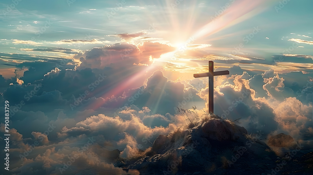 Obraz premium A spiritual Easter greeting card featuring the cross on Golgotha with rays of light piercing through clouds