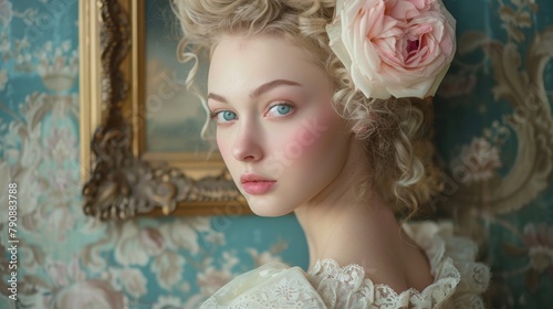 Woman in vintage lace dress, Rococo style, blonde curls adorned with rose. Blonde woman showcases elegant Rococo fashion with a voluminous hairdo and pink rose.