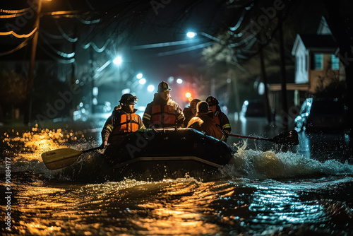 Rescue operation. Male rescuers sail a boat at night through the flooded old town during a flood photo