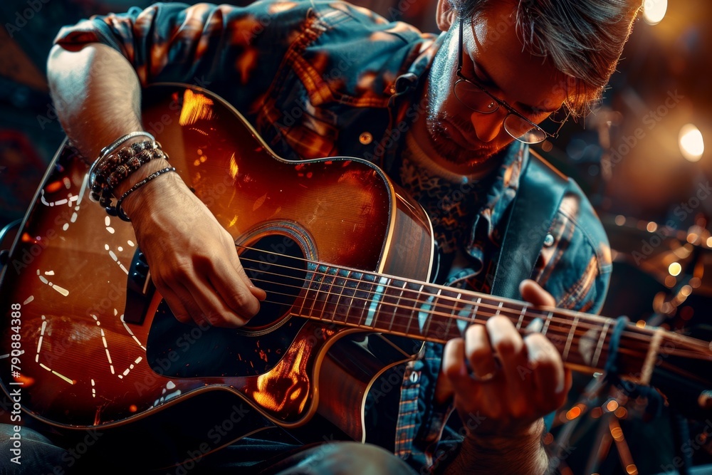 Obraz premium Someone is playing a guitar in a dark room with lights