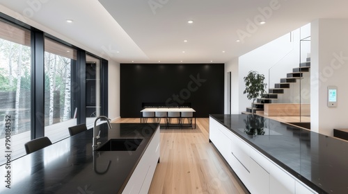 Contemporary kitchen showcasing sleek black counters and stark white walls in high resolution, highlighting minimalism with a bold contrast, perfect for a modern home