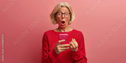 Rentnerin blickt überrascht in sein Smartphone photo