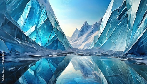 Visualize a crystalline structure resembling an ice cave with sharp, angular facets photo