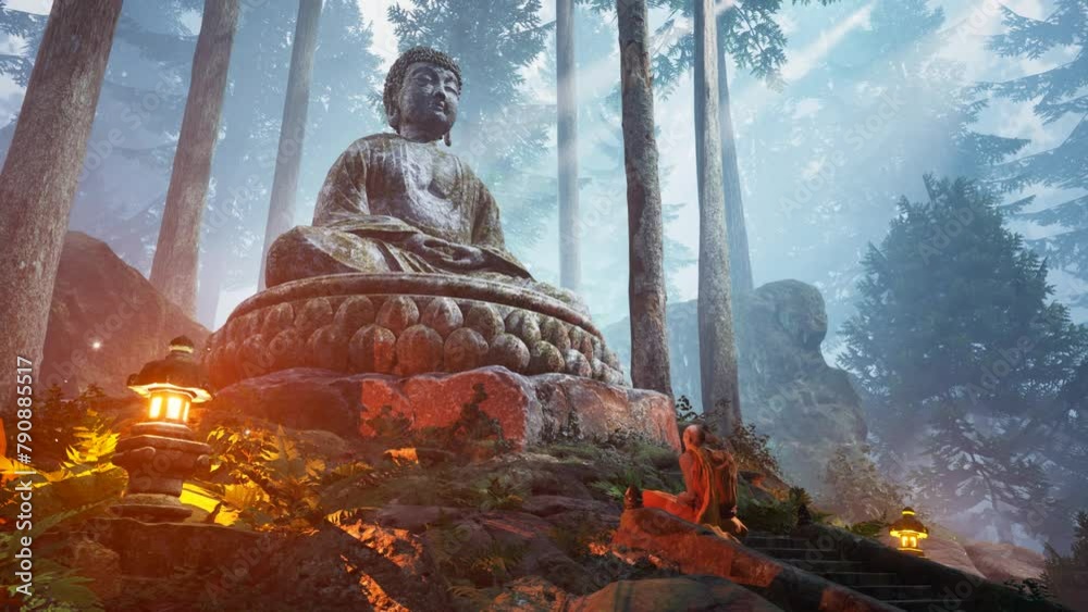 A Buddhist monk prays near at ancient Buddha statua