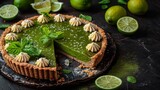   A pie with a missing slice on a black surface, garnished with limes surrounding it