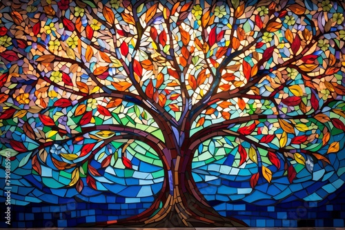 Mosaic of the Tree of Life crafted with intricatecolorful tilesdepicting a sprawling tree with roots and branches interwoven.