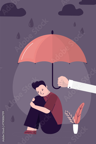 Psychologist give umbrella for sad, frustrated man. Depressed man sitting alone. Helping hand and psychology support concept. Overcoming problems, treating fears and phobias.