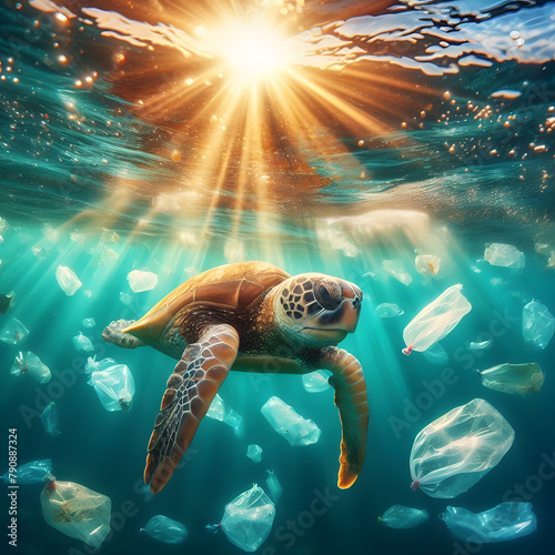 A water turtle swimming in the sea among plastic bags and bottles