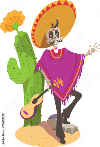 Cinco de mayo skeleton skeleton sombrero poncho culture holiday mexican. Vector cartoon illustration isolated on white