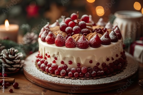 Beautiful christmas cake with fireplace and copy space -