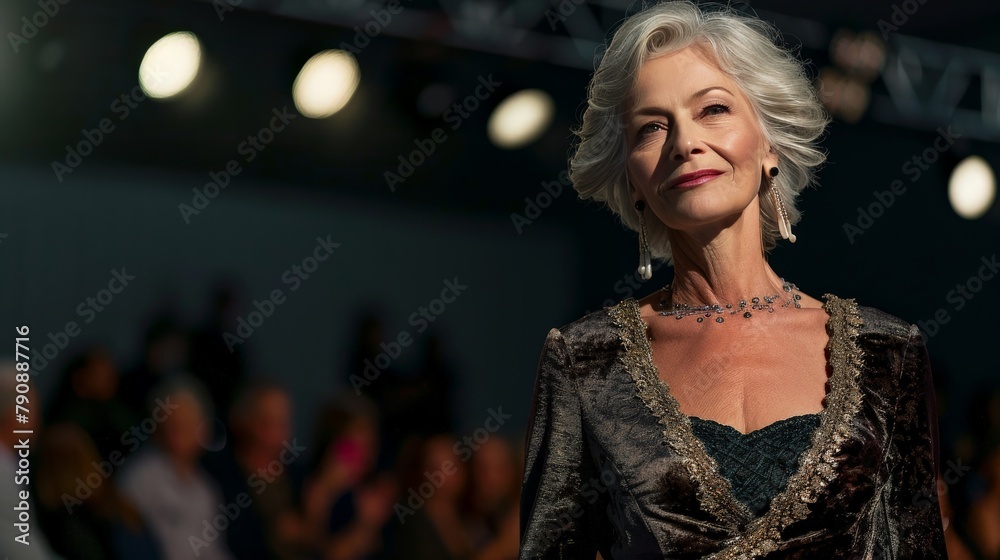 Senior woman walking the runway in a luxurious velvet dress, glowing with confidence