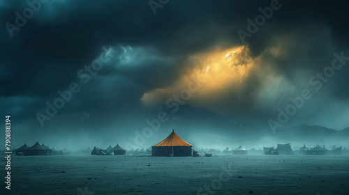 5. Nomadic Tent Amidst Chaos: A lone nomadic tent standing resilient amidst a swirling desert storm, its fabric billowing wildly in the wind while the storm rages on, showcasing th photo