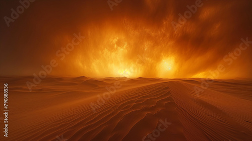 6. Sunset Over Sandstorm: The sun setting on the horizon, casting a golden hue over a desert landscape engulfed in a swirling sandstorm, creating a mesmerizing and atmospheric scen