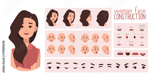 Business woman avatar creation  suitable for animation. Generator, constructor of diverse views of eyes, lips, emotion expressions mouth animation and lip sync. Girl character face construction. 