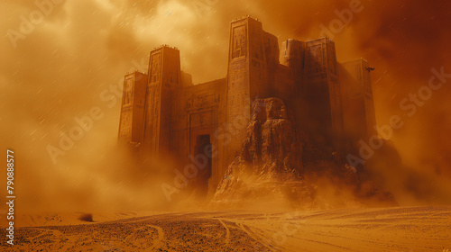 7. Desert Fortress in the Tempest: A majestic desert fortress standing tall amidst a raging sandstorm, its ancient walls and towers partially obscured by the swirling sands, evokin