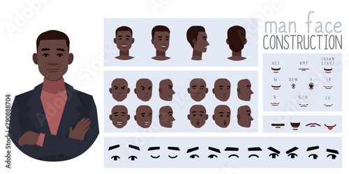 Business man avatar creation  suitable for animation. Generator, constructor of diverse views of eyes, lips, emotion expressions mouth animation and lip sync. Male character face construction. 