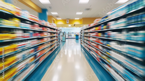 Anonymous pharmacy interior with well-stocked shelves