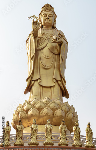 Big Golden statue goddess of Mercy Guanyin or Quan Yin statue at Fo Guang Shan Thaihua Temple. Guan Yin Buddha, Taiwanese temple style, Copy space, Selective focus.